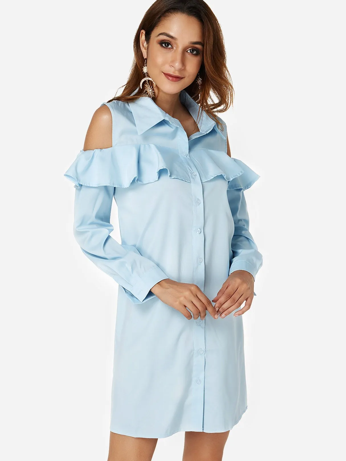 Wholesale Sky Blue Classic Collar Cold Shoulder Ruffle Trim Shirt Dress