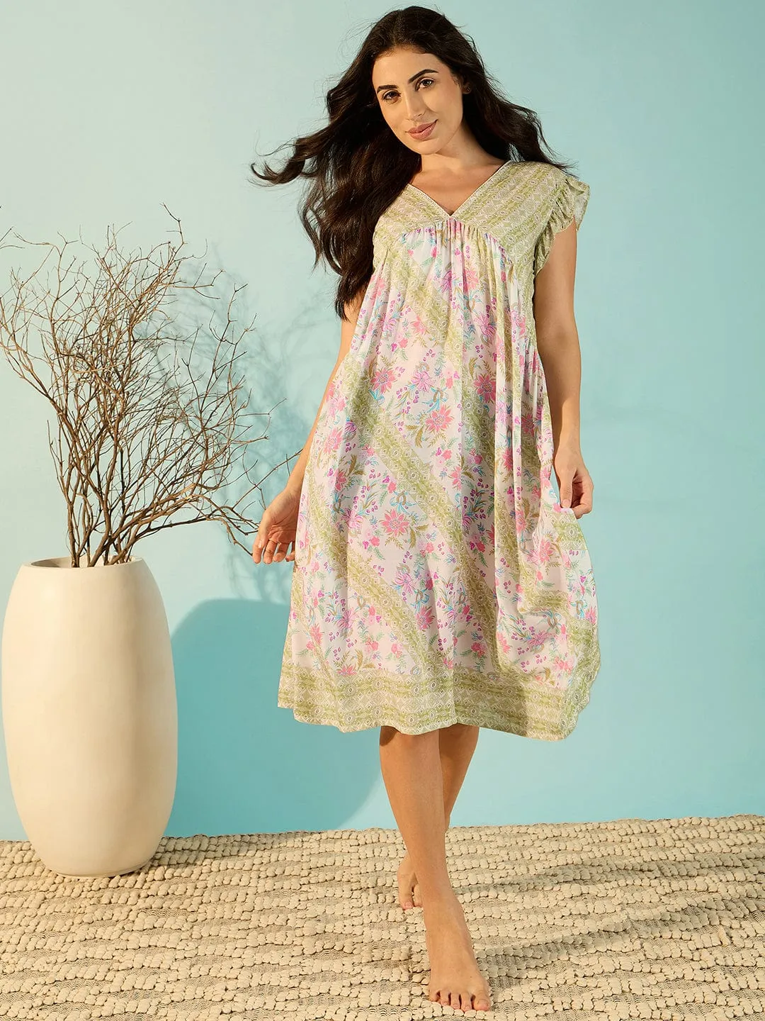 Women Chic Modal Floral Printed Negligee Dress