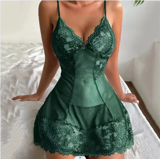 Women Nightdress Sexy Lace Chemise Bow Nightgown Sleepwear V Neck Full Slip Babydoll Lingerie Sleep Dress