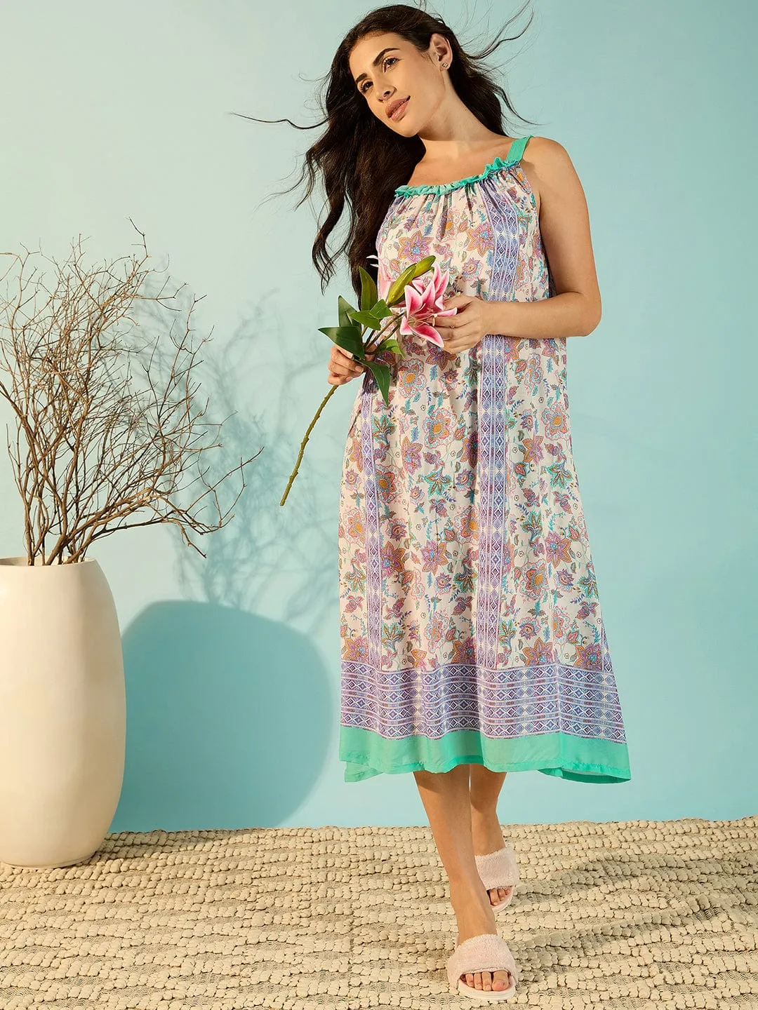 Women Soft Floral Printed Modal Negligee Dress