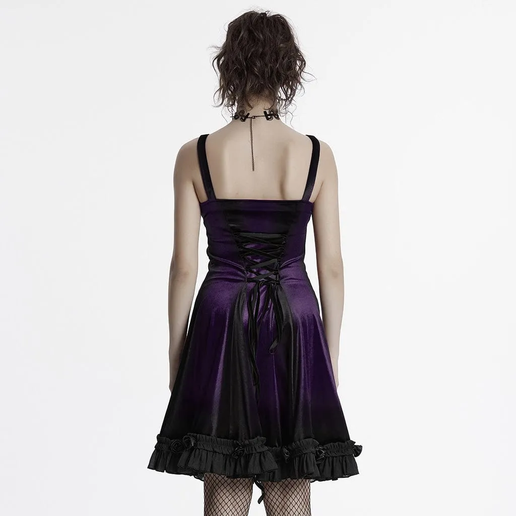 Women's Gothic Ruffled Lace Splice Gradient Velvet Slip Dress Violet