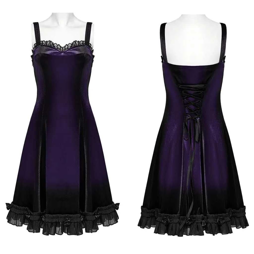 Women's Gothic Ruffled Lace Splice Gradient Velvet Slip Dress Violet