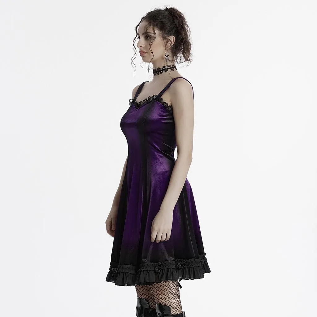 Women's Gothic Ruffled Lace Splice Gradient Velvet Slip Dress Violet