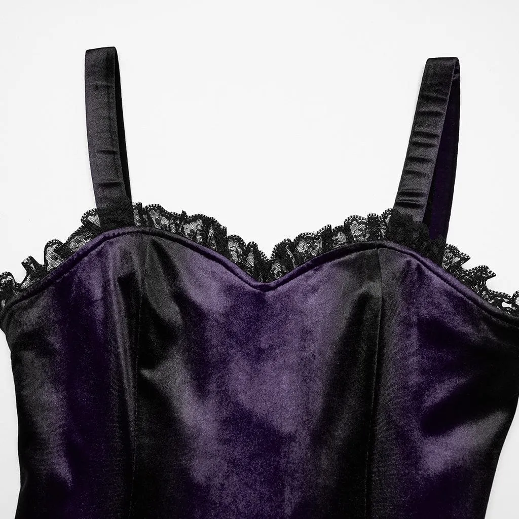 Women's Gothic Ruffled Lace Splice Gradient Velvet Slip Dress Violet