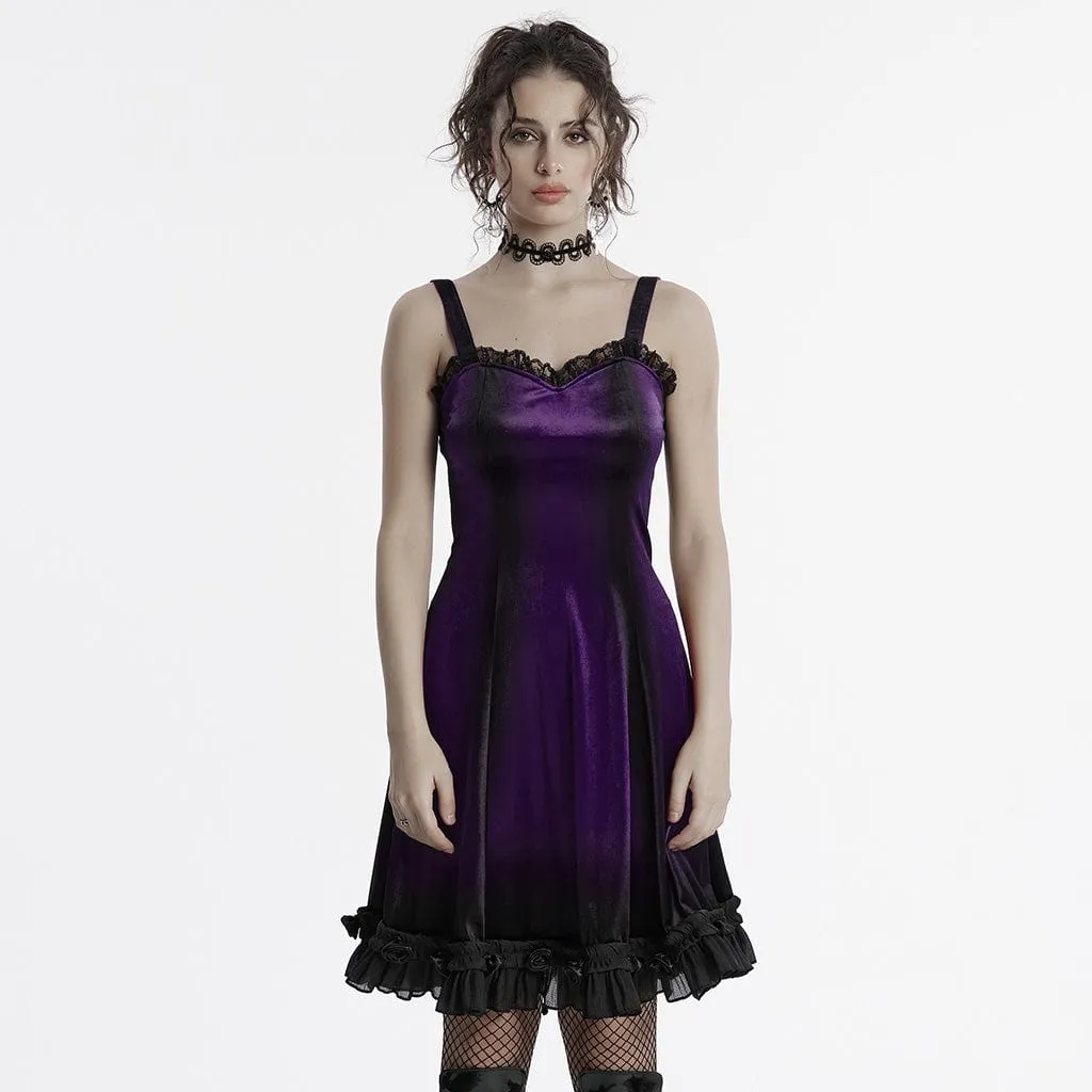 Women's Gothic Ruffled Lace Splice Gradient Velvet Slip Dress Violet