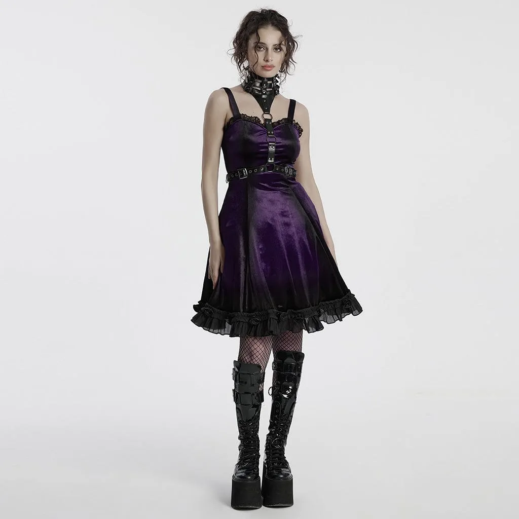 Women's Gothic Ruffled Lace Splice Gradient Velvet Slip Dress Violet