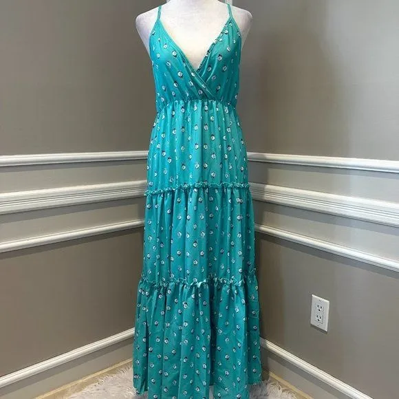 Women's Unishe Teal Aqua Floral polka dot maxi slip dress