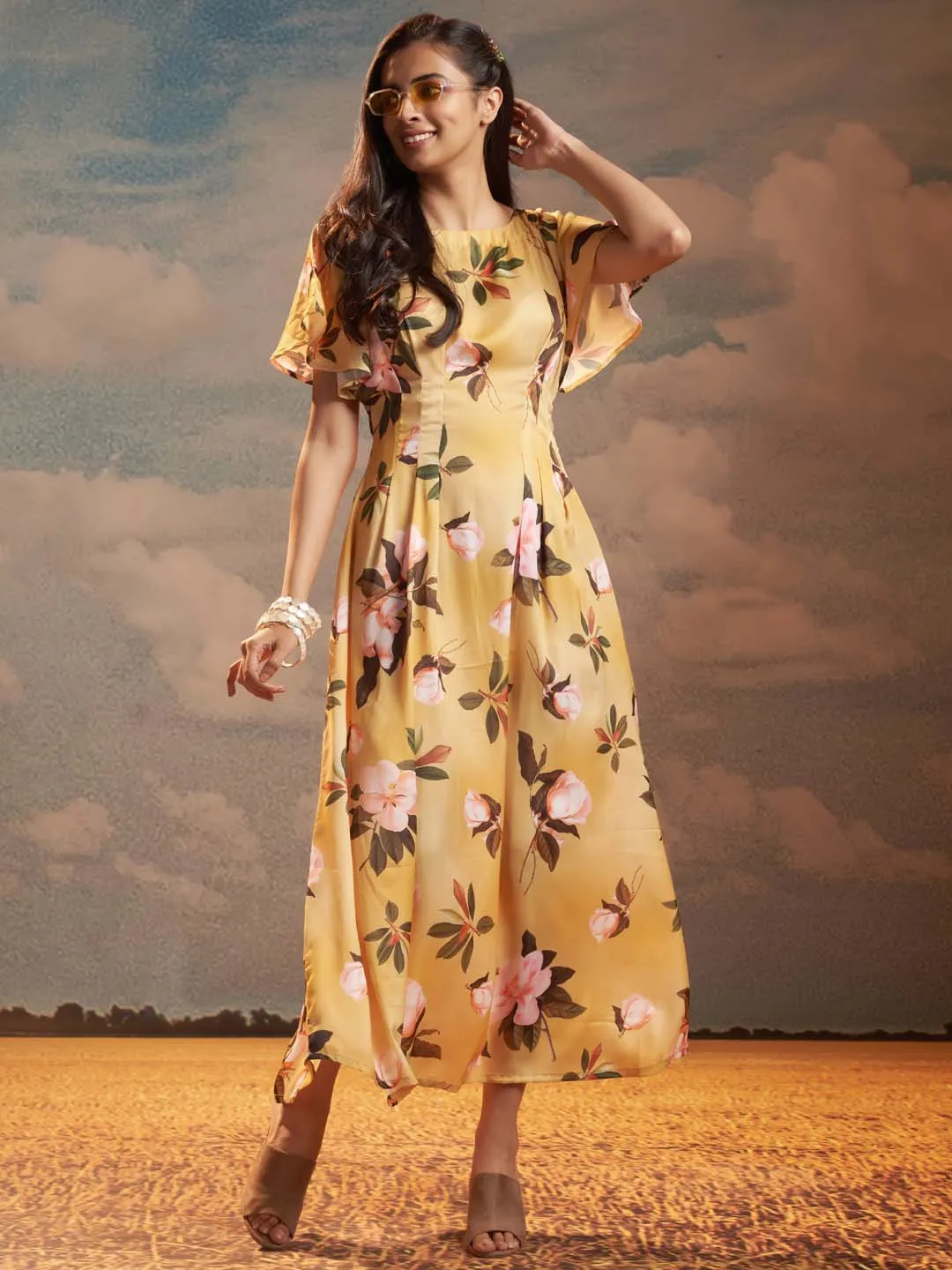 Yellow Floral Print Modal Satin A-Line Maxi Dress