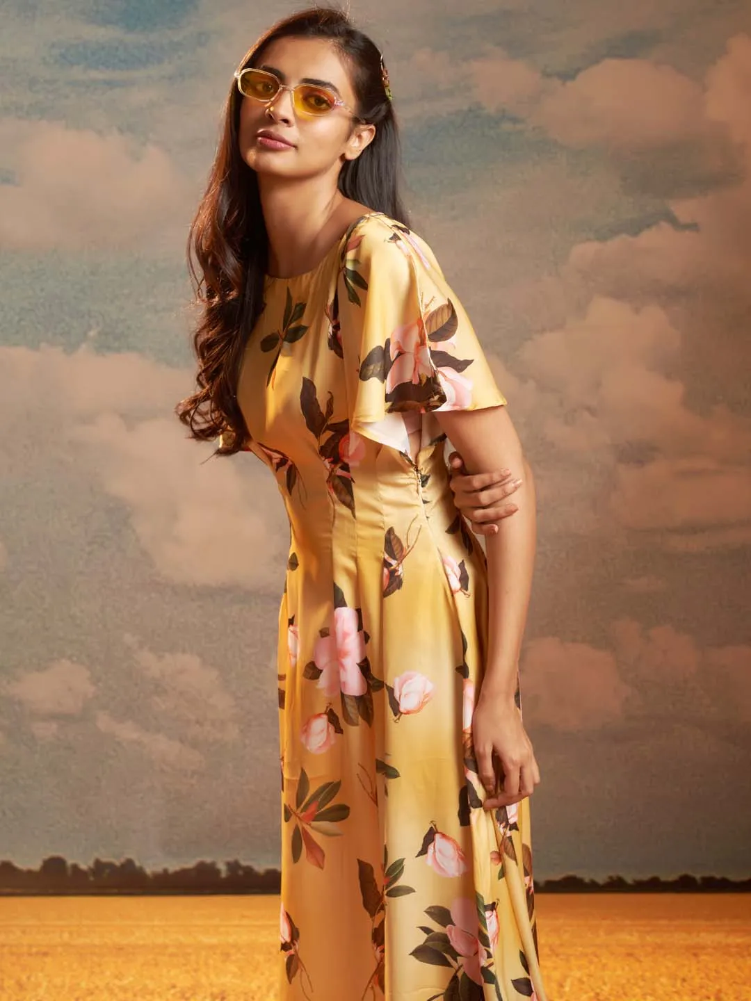 Yellow Floral Print Modal Satin A-Line Maxi Dress